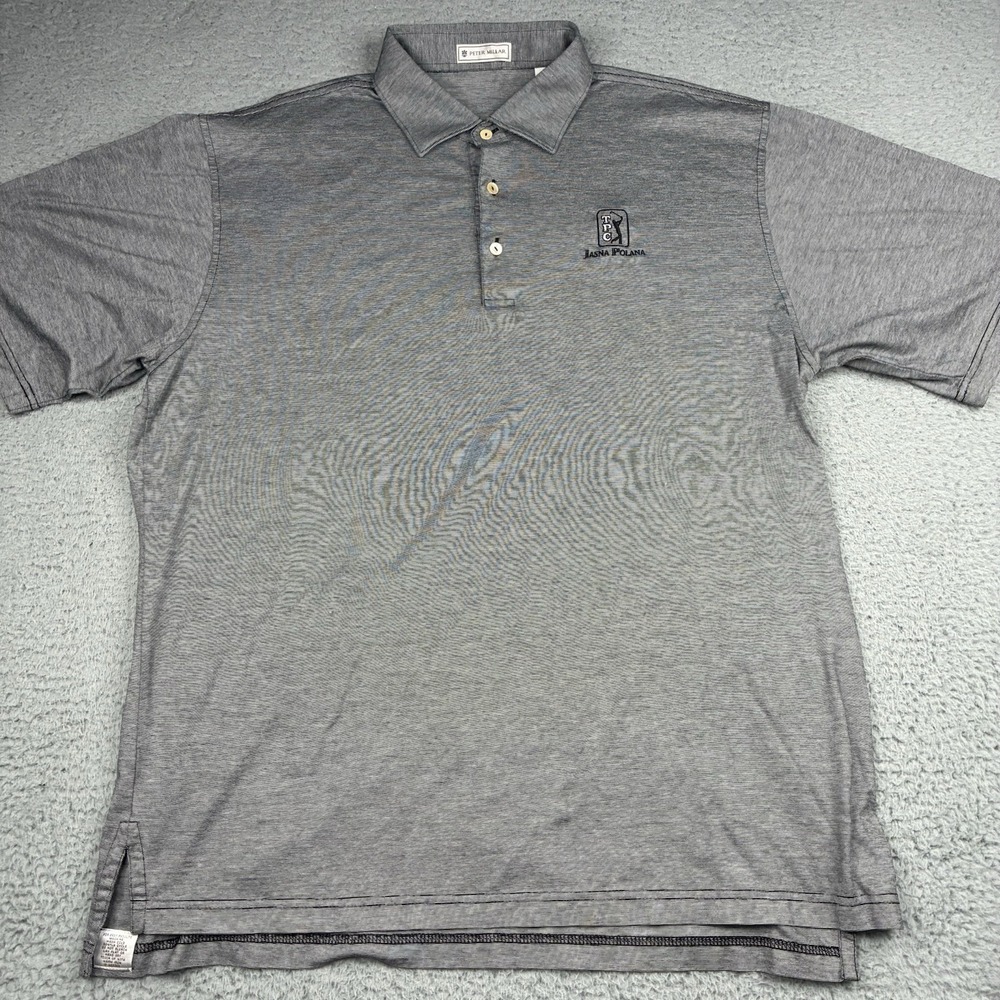 Peter Millar Polo Shirt Men's L Gray Striped Cotton Golf Jasna Polana TPC Logo - Picture 5 of 10